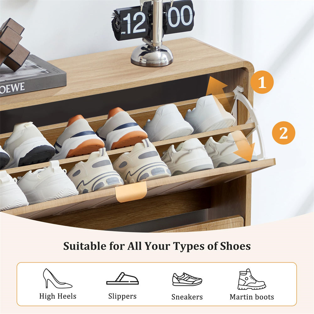 Wooden shoe rack with various shoes on a white background