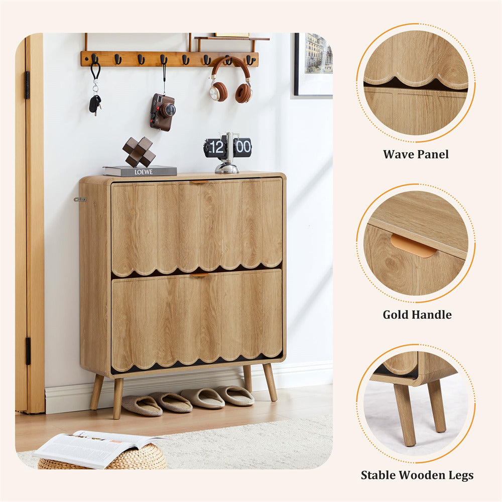 Wooden shoe cabinet with wave panel design, gold handle, and stable wooden legs in a room setting.