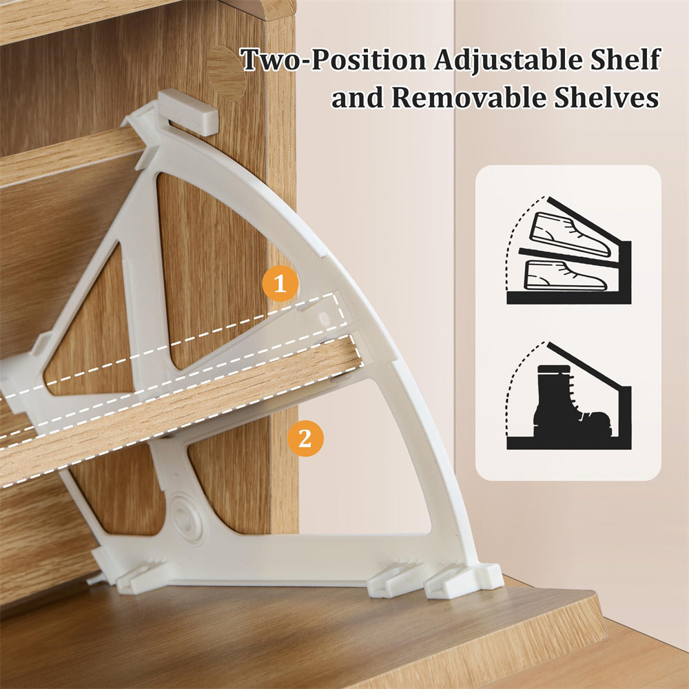 Two-position adjustable shelf with removable shelves on a wooden surface.