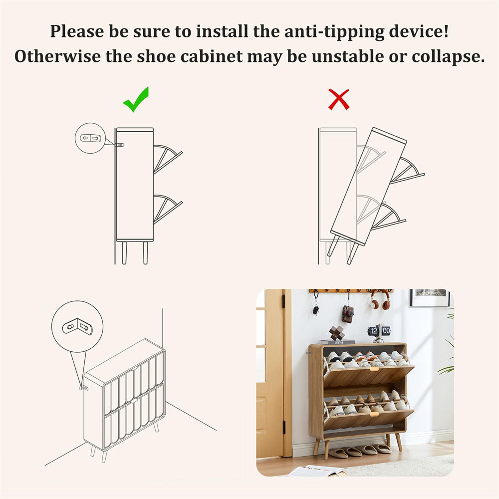 Diagram showing correct and incorrect installation methods for a shoe cabinet with an anti-tipping device.