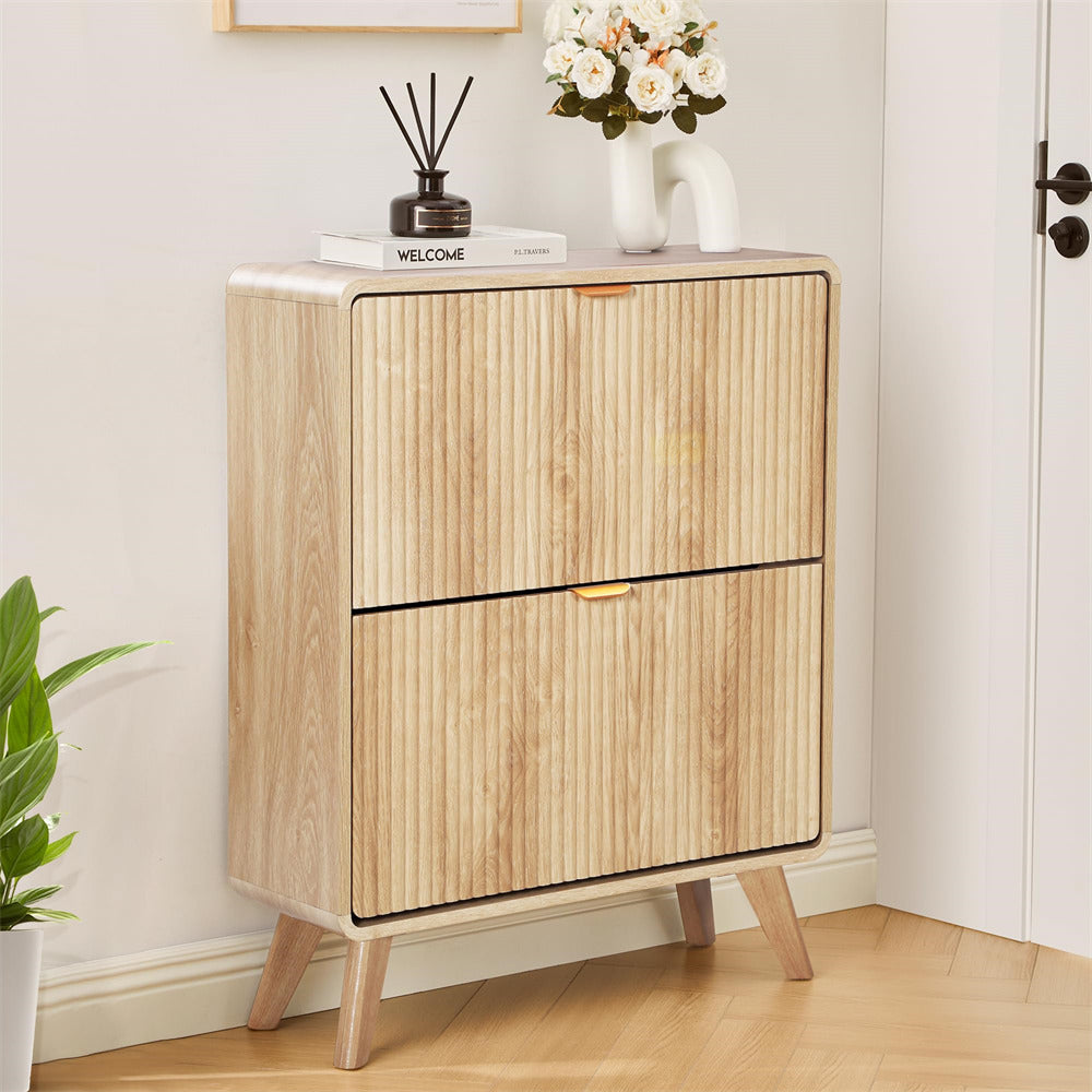 Natural Freestanding Wood Fluted Shoe Cabinet for Entryway with 2 Flip Drawers and Curved Profile