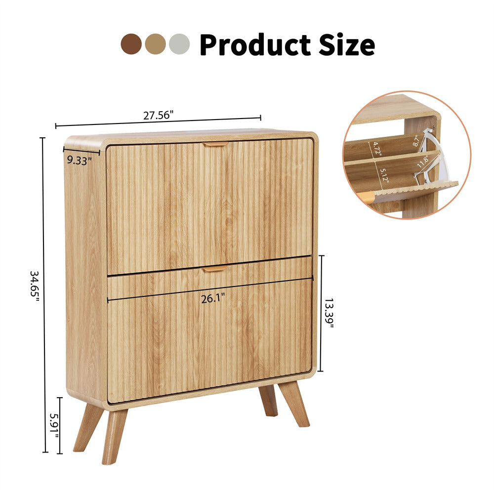 Natural Freestanding Wood Fluted Shoe Cabinet for Entryway with 2 Flip Drawers and Curved Profile