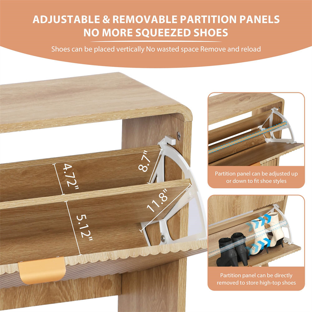 Wooden shoe rack with adjustable partition panels and text highlighting features.