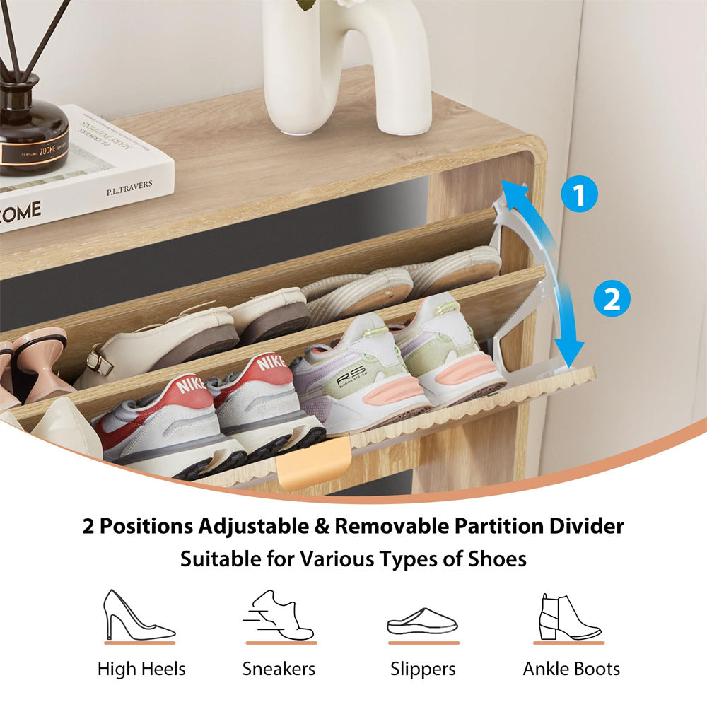Wooden shoe rack with adjustable partition divider holding various types of shoes.