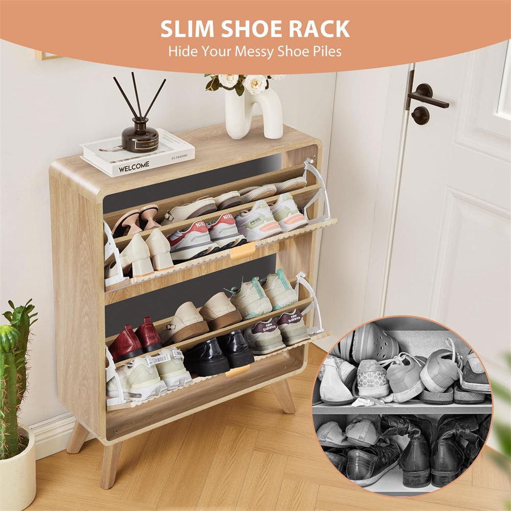 Wooden slim shoe rack with shoes on a light wooden floor, with an inset showing a close-up of the shoe compartments.