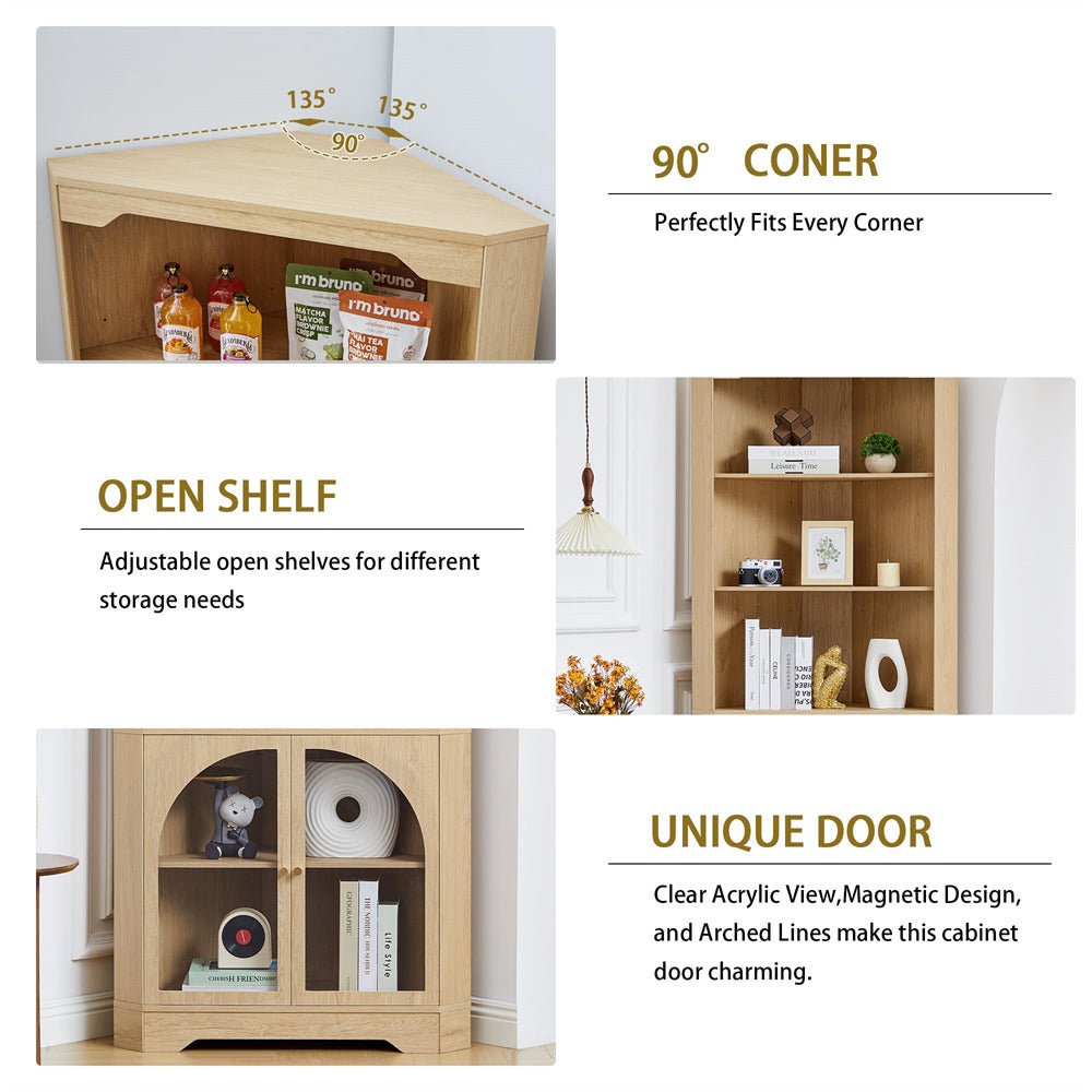 Wooden corner cabinet with open shelves and unique door design, featuring measurements and storage options.