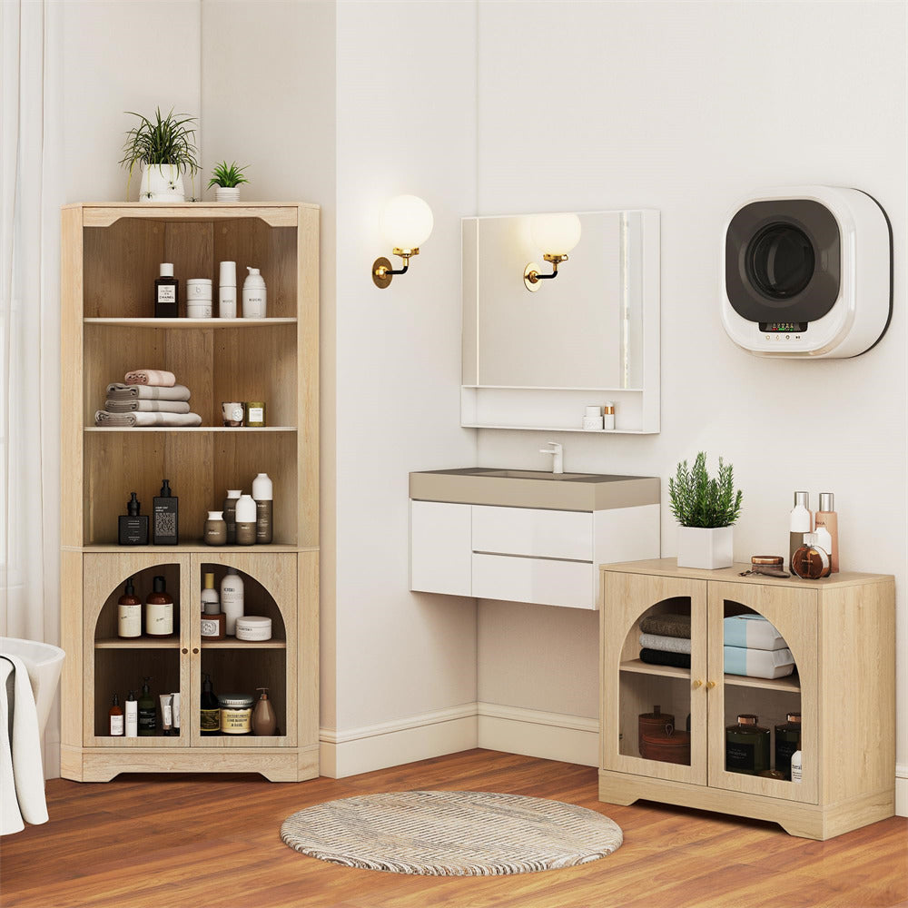Bathroom interior with wooden cabinets, sink, and air conditioning unit.