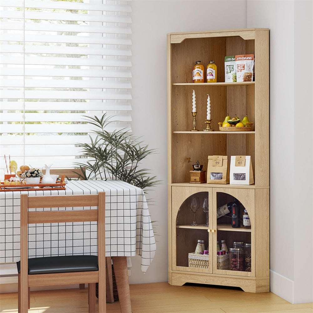Wooden bookshelf with decorative items in a room with a table and chairs.