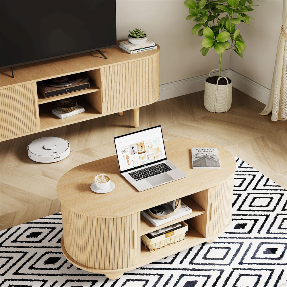 Natural Mid-Century Modern Oval Fluted Coffee Table with Storage & Sliding Doors
