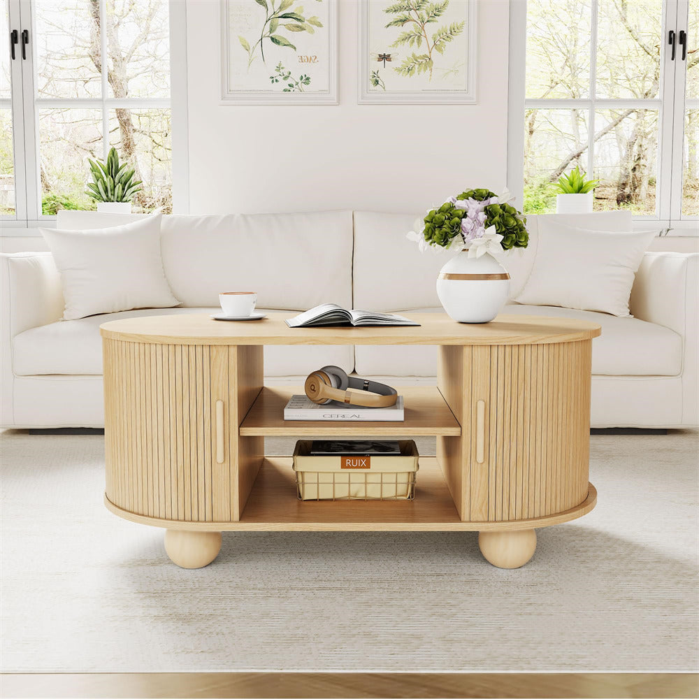 Natural Mid-Century Modern Oval Fluted Coffee Table with Storage & Sliding Doors