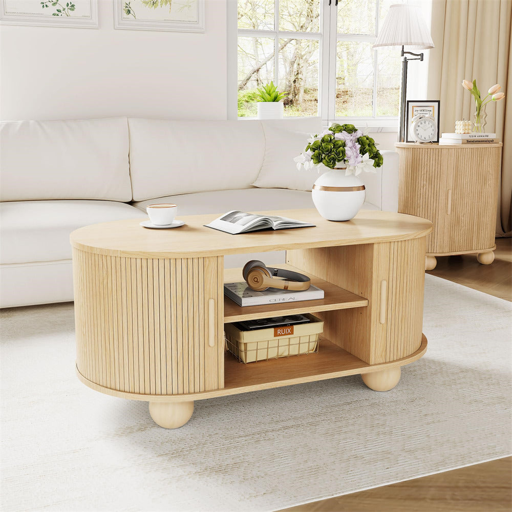 Natural Mid-Century Modern Oval Fluted Coffee Table with Storage & Sliding Doors
