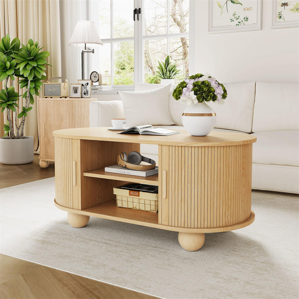 Natural Mid-Century Modern Oval Fluted Coffee Table with Storage & Sliding Doors
