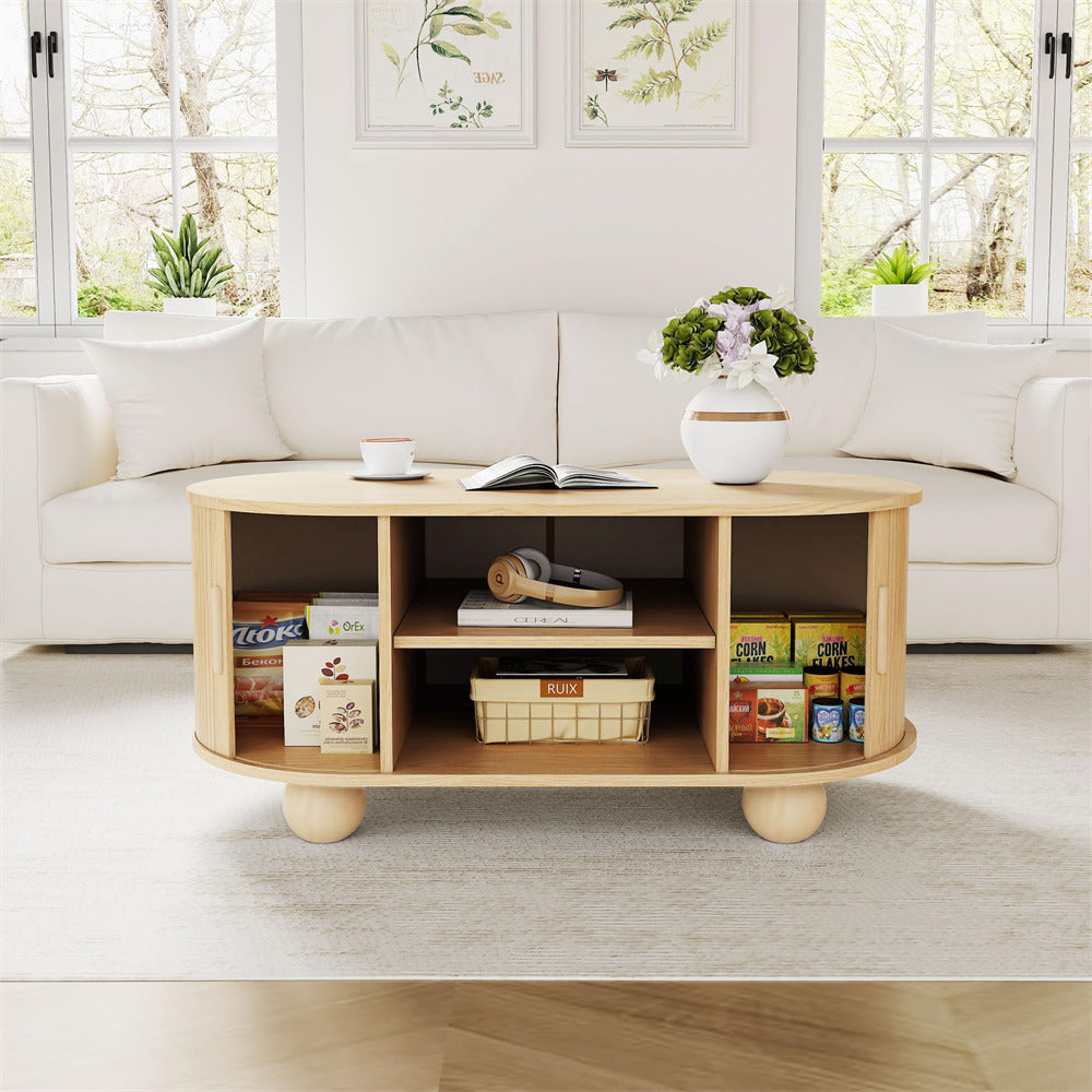 Natural Mid-Century Modern Oval Fluted Coffee Table with Storage & Sliding Doors