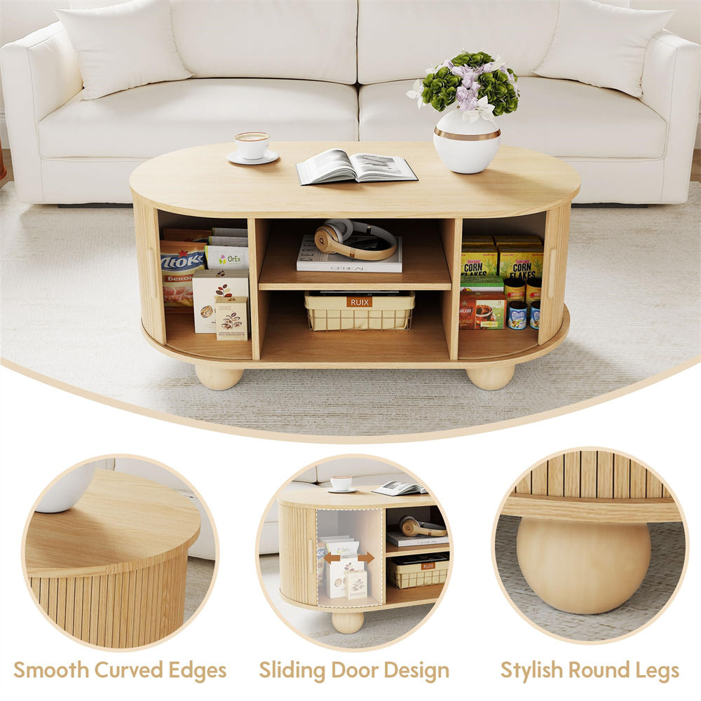 Natural Mid-Century Modern Oval Fluted Coffee Table with Storage & Sliding Doors