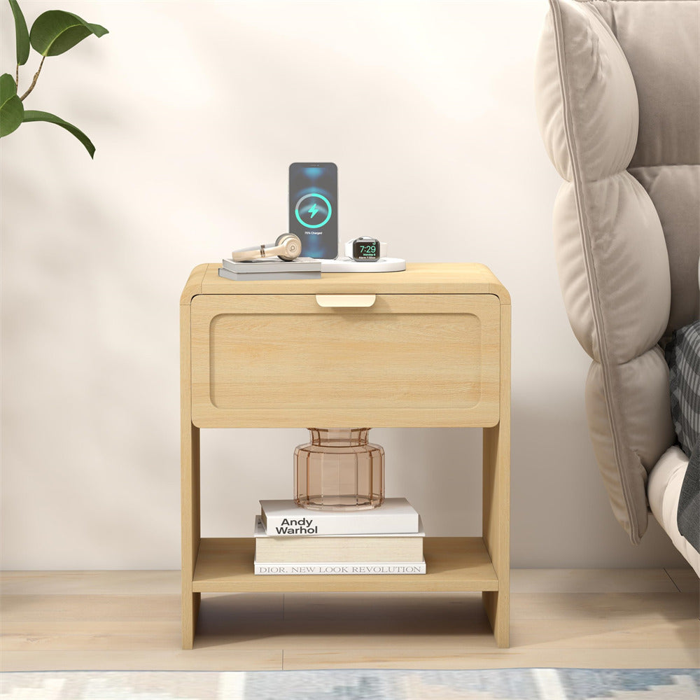 Natural Mid-Century Modern Wooden Nightstand with Charging Station and Curved Top Corners