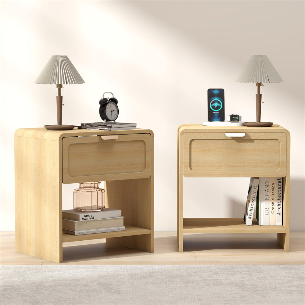 Natural Mid-Century Modern Wooden Nightstand Set of 2 with Charging Station and Curved Top Corners