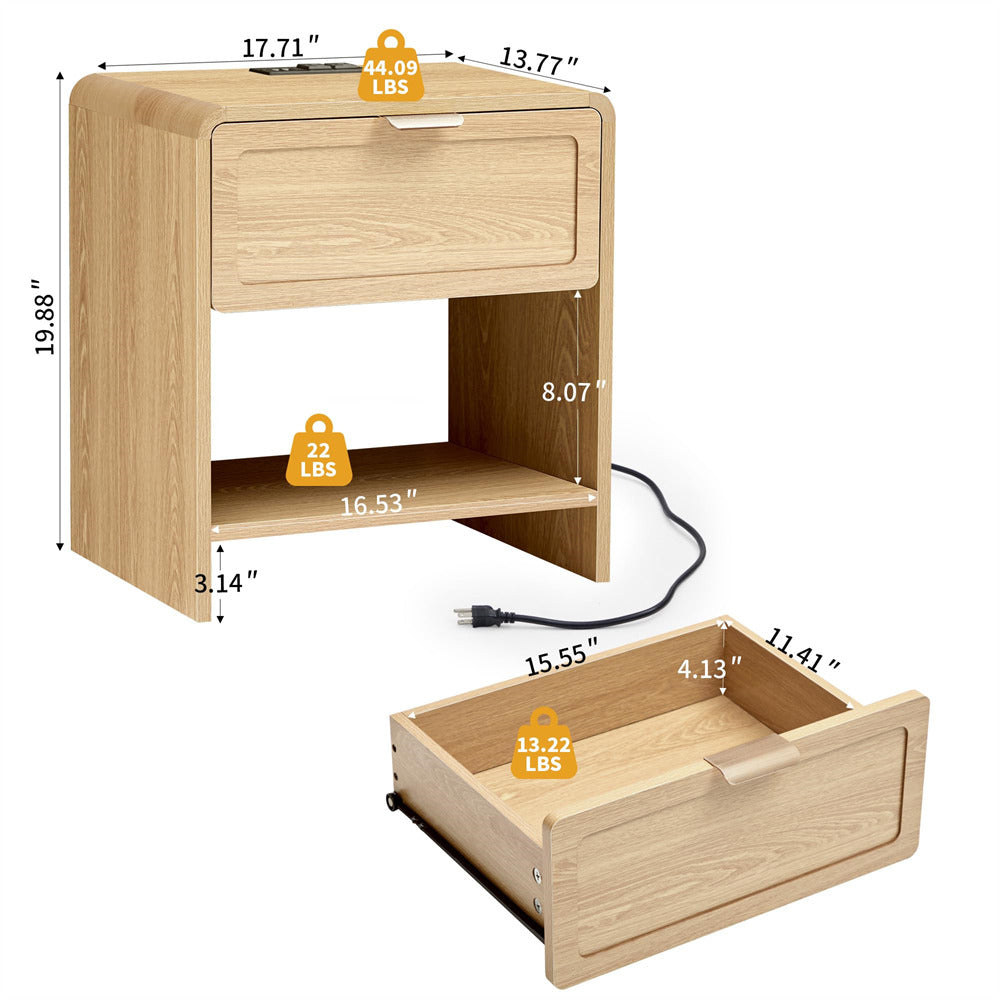 Natural Mid-Century Modern Wooden Nightstand with Charging Station and Curved Top Corners
