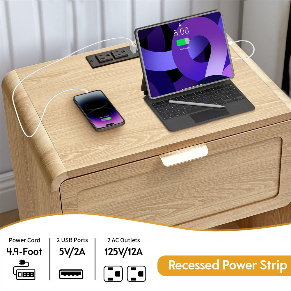 Natural Mid-Century Modern Wooden Nightstand with Charging Station and Curved Top Corners