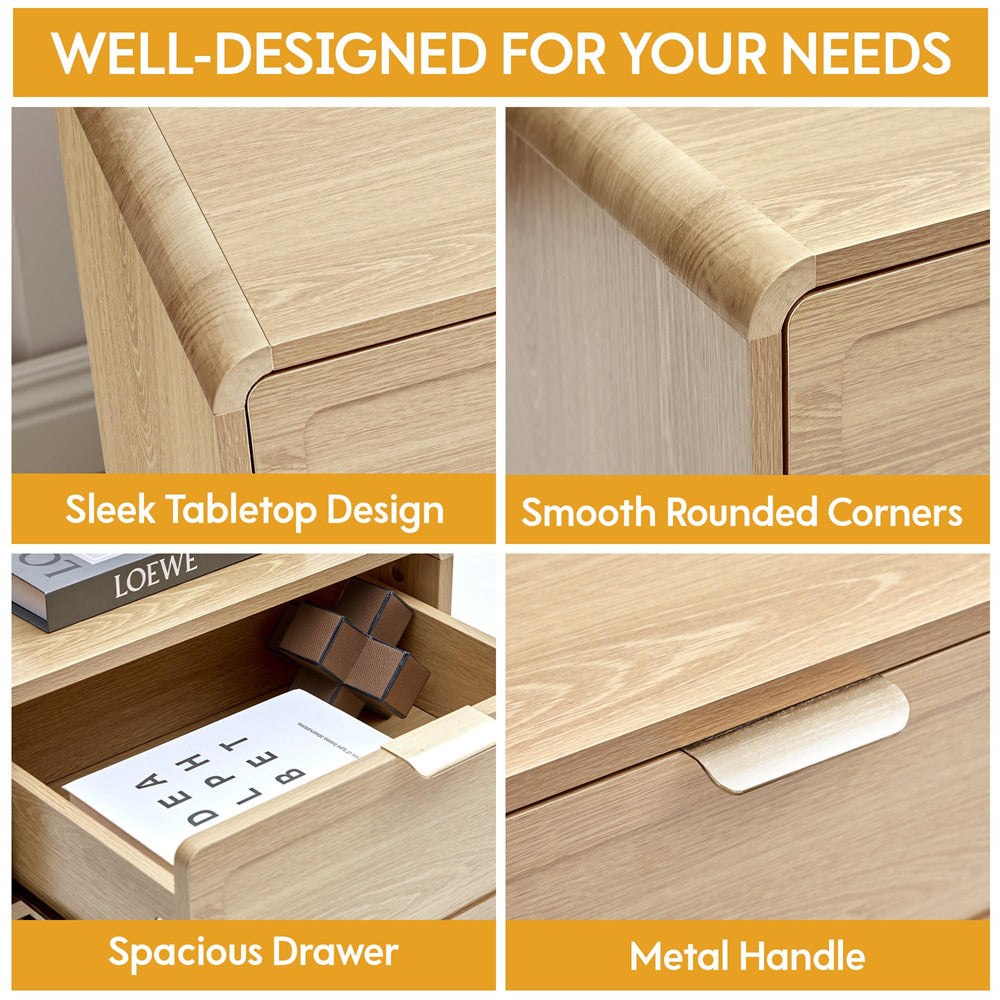 Natural Mid-Century Modern Wooden Nightstand with Charging Station and Curved Top Corners