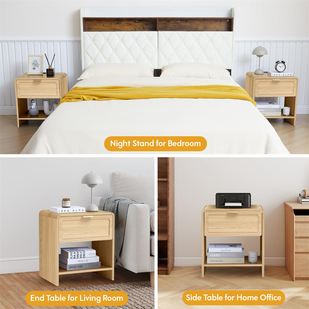 Natural Mid-Century Modern Wooden Nightstand with Charging Station and Curved Top Corners