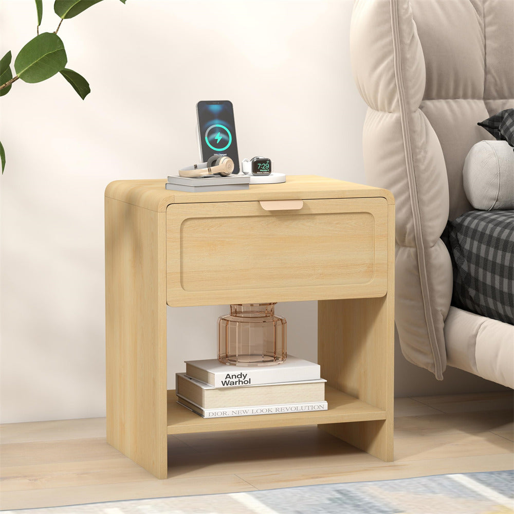Natural Mid-Century Modern Wooden Nightstand with Charging Station and Curved Top Corners