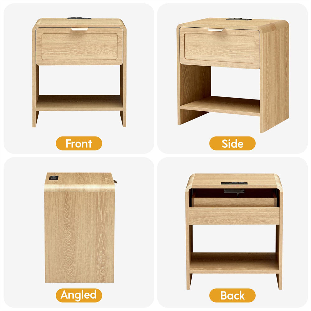 Natural Mid-Century Modern Wooden Nightstand with Charging Station and Curved Top Corners