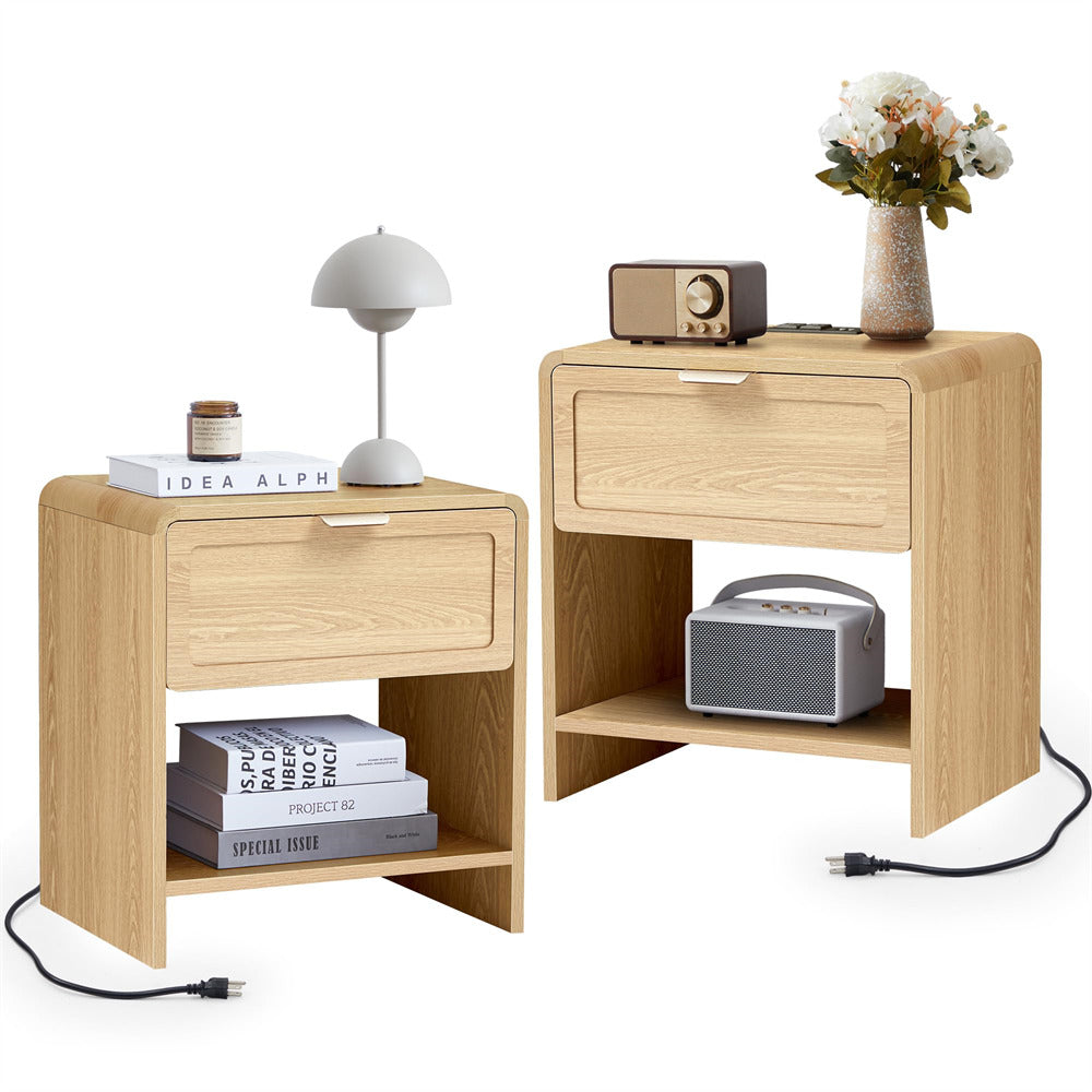 Natural Mid-Century Modern Wooden Nightstand Set of 2 with Charging Station and Curved Top Corners