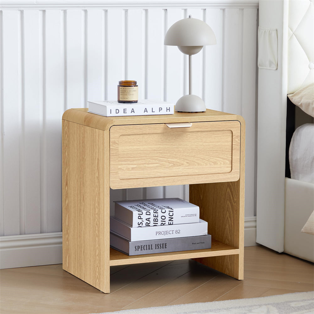 Natural Mid-Century Modern Wooden Nightstand with Charging Station and Curved Top Corners