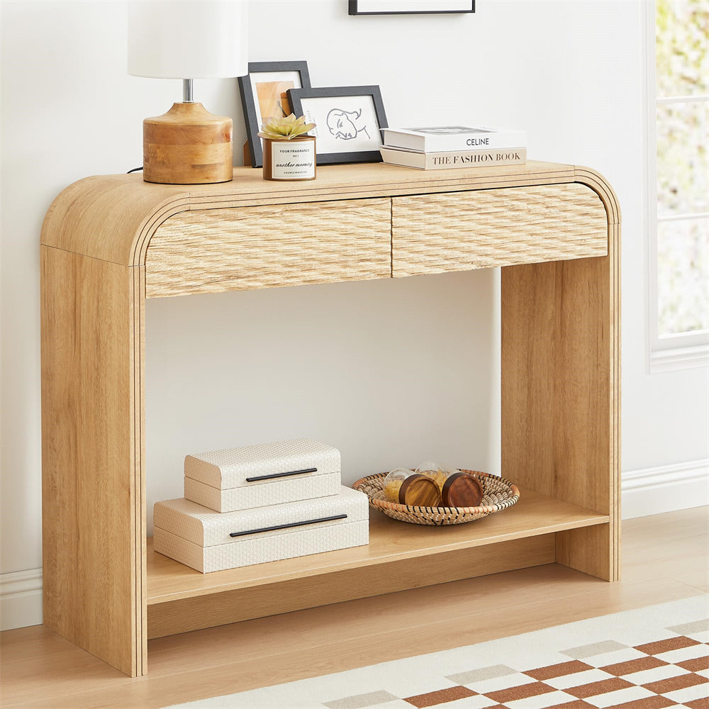 Wooden console table with decorative items in a room.