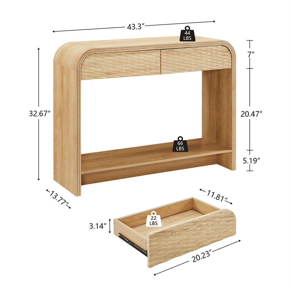 Wooden console table with dimensions labeled on a white background