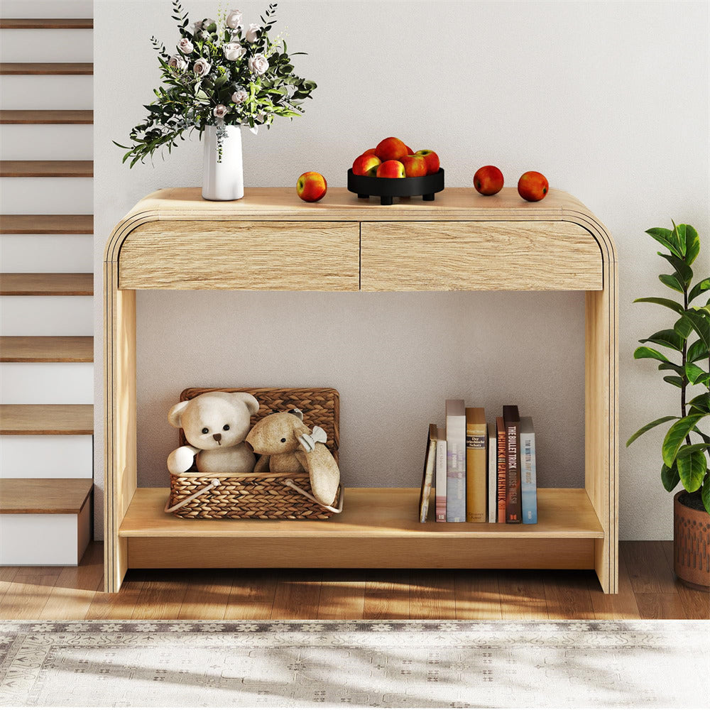 Wooden console table with decorative items including teddy bears, books, and a vase.