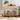 Wooden console table with decorative items including teddy bears, books, and a vase.