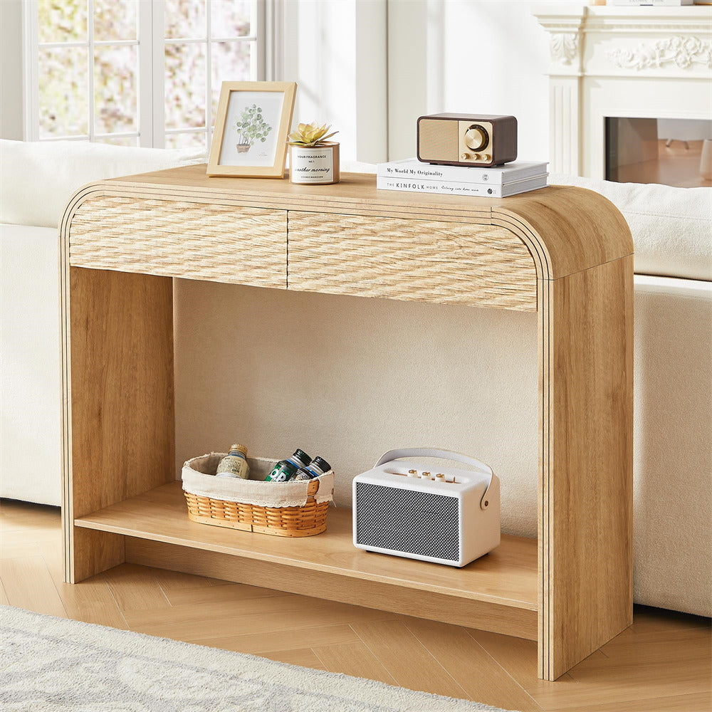 Wooden console table in a living room setting with decor items on top