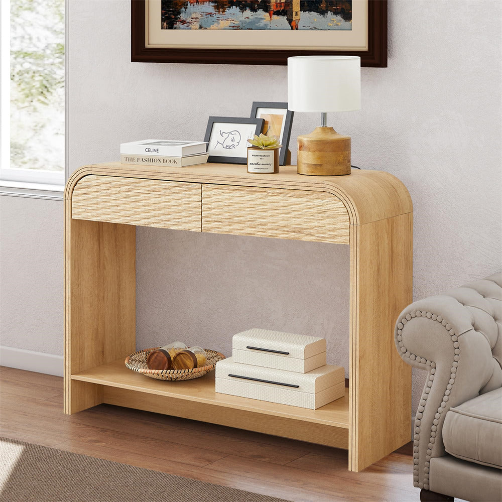 Wooden console table in a living room setting with decor items.
