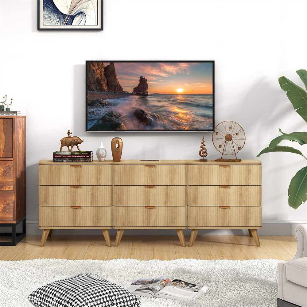 Natural Mid Century Modern 3 Drawer Fluted Nightstand with Charging Station