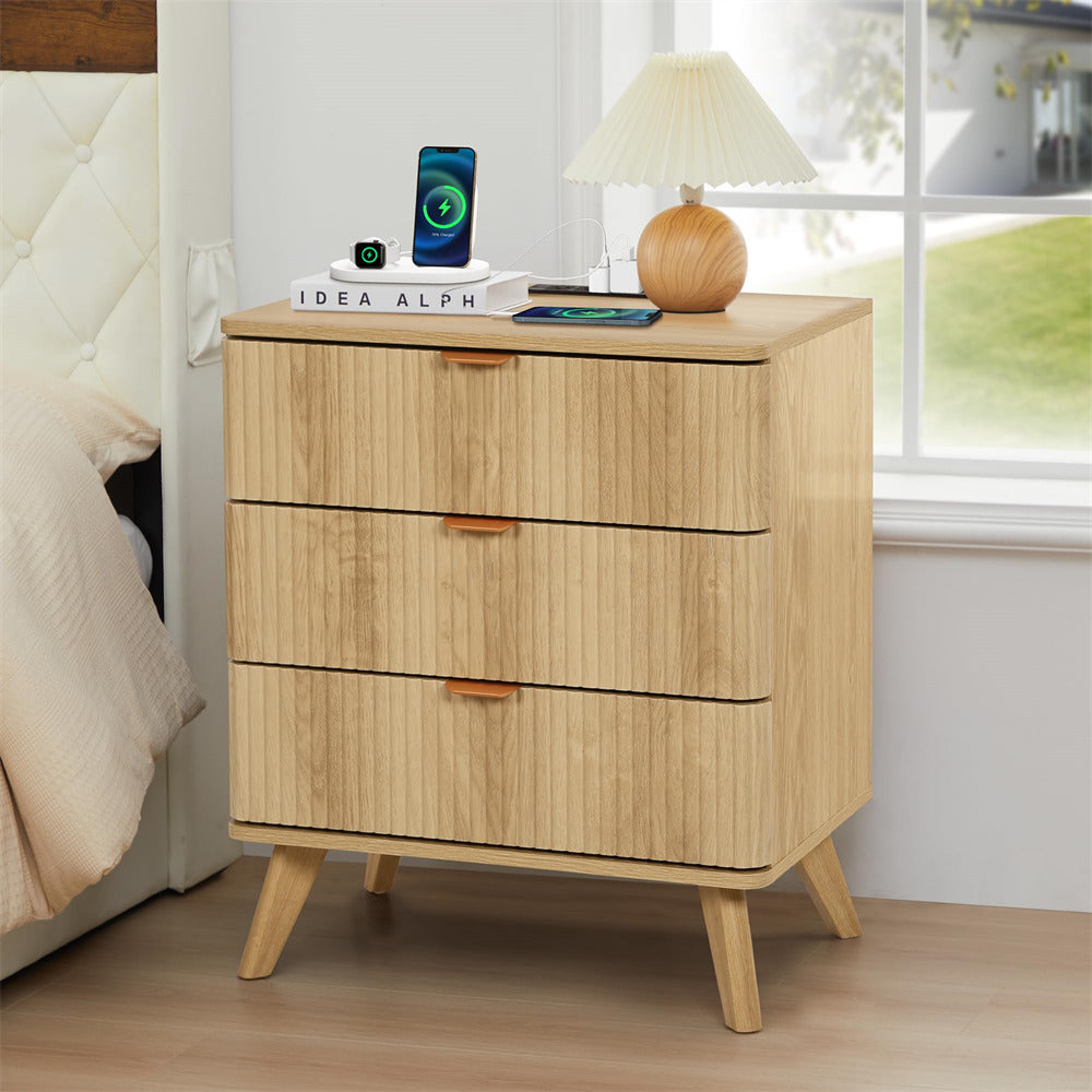 Natural Mid Century Modern 3 Drawer Fluted Nightstand with Charging Station