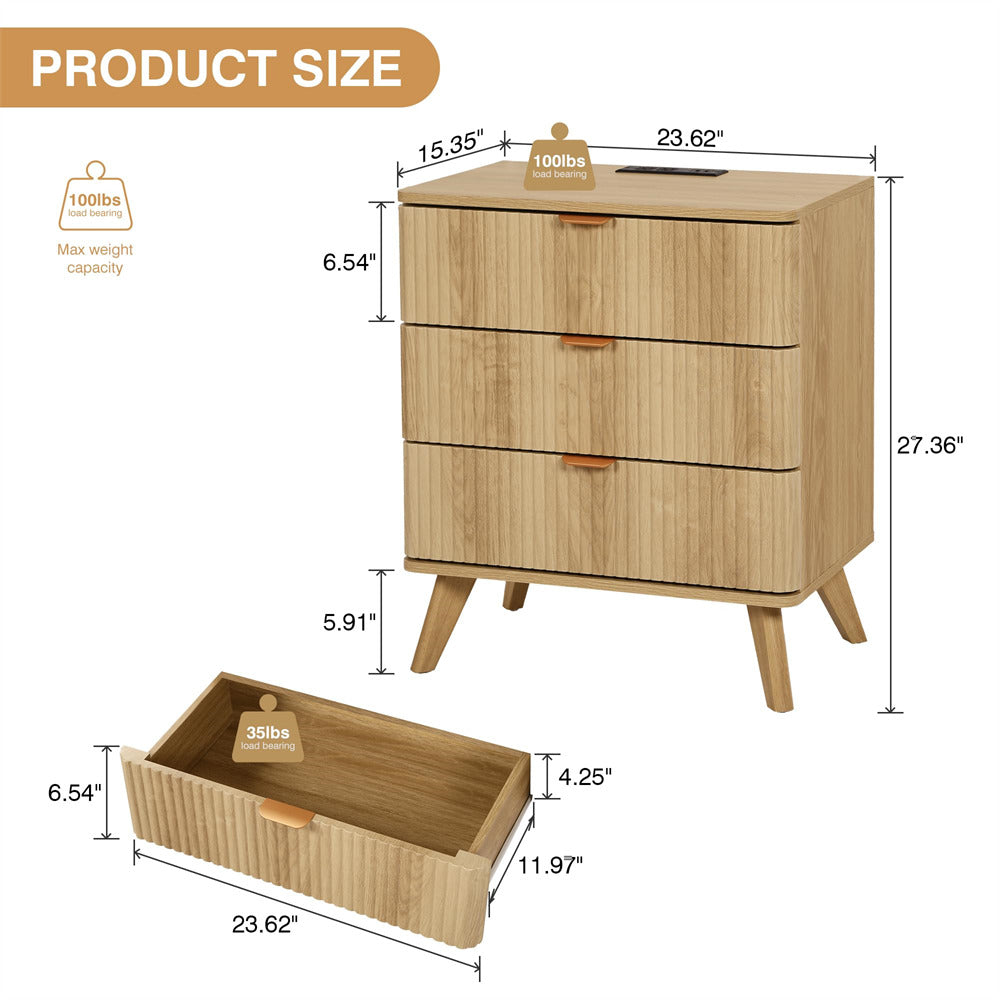 Natural Mid Century Modern 3 Drawer Fluted Nightstand with Charging Station
