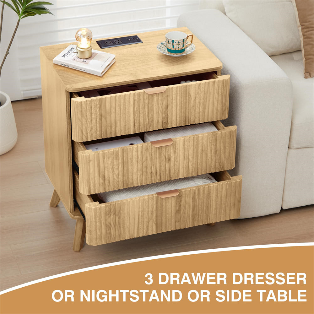 Natural Mid Century Modern 3 Drawer Fluted Nightstand with Charging Station