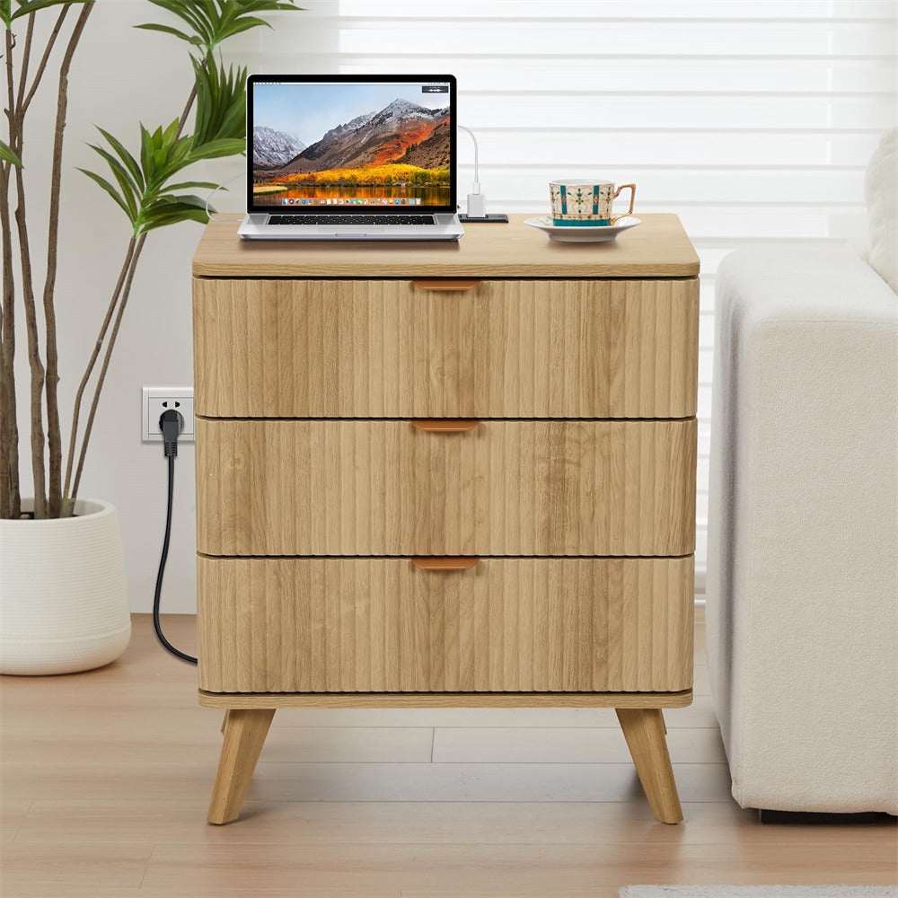 Natural Mid Century Modern 3 Drawer Fluted Nightstand with Charging Station