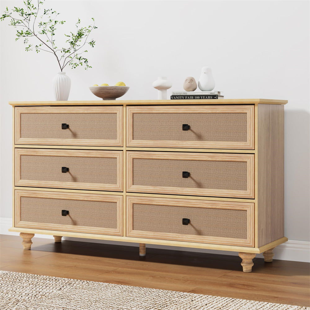Natural Mid Century Modern 6 Drawer Dresser Wide Wood Vintage Chest of Drawers with Burlap Rattan Drawers