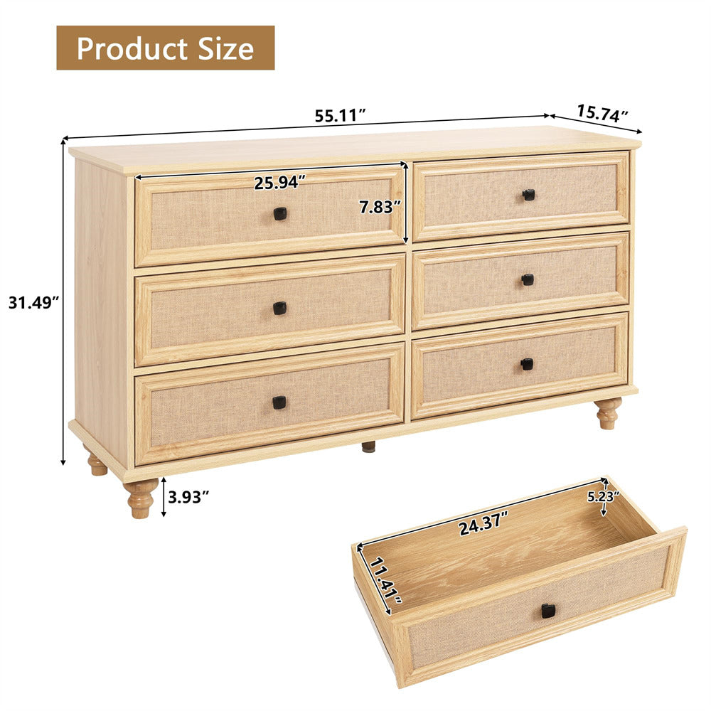 Natural Mid Century Modern 6 Drawer Dresser Wide Wood Vintage Chest of Drawers with Burlap Rattan Drawers