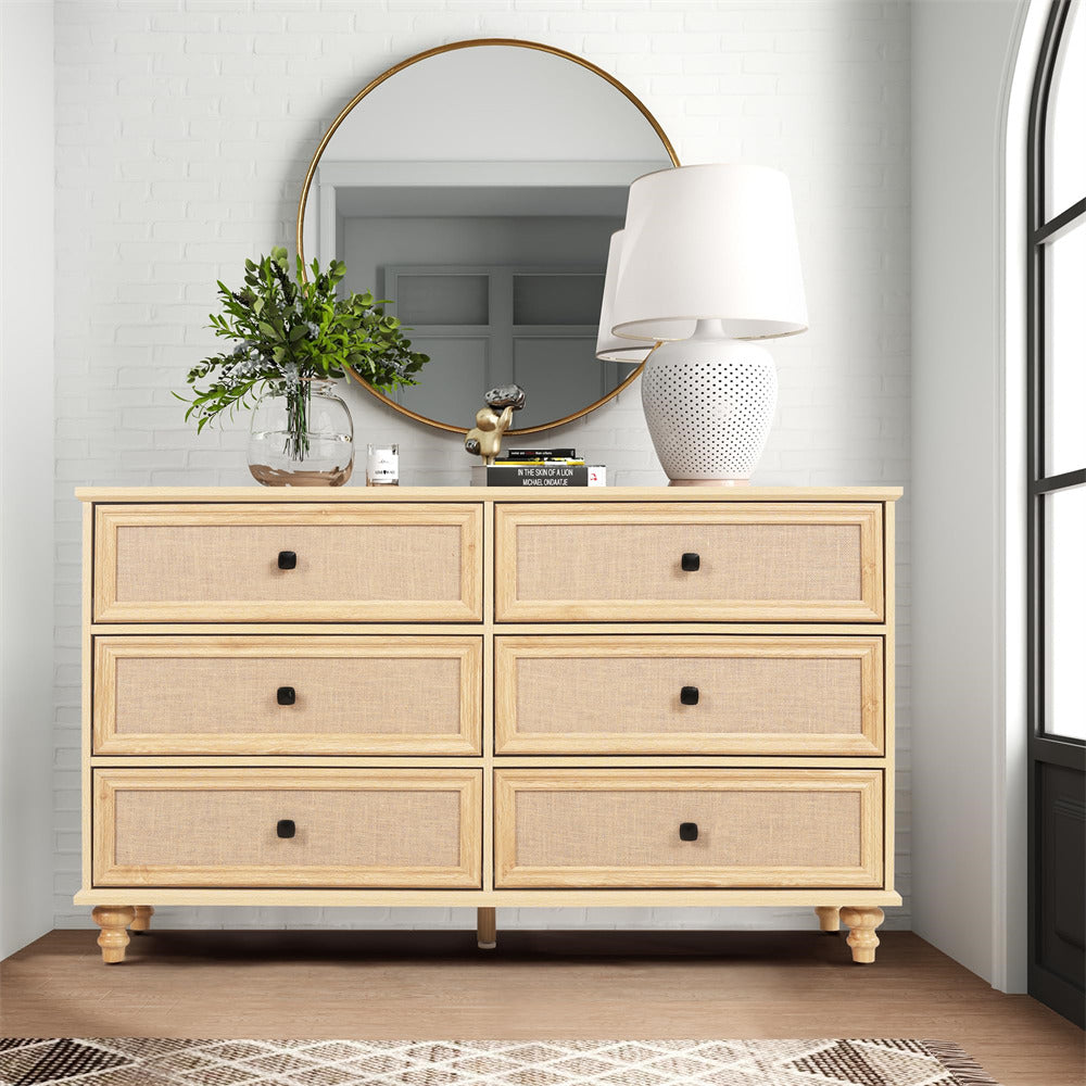 Natural Mid Century Modern 6 Drawer Dresser Wide Wood Vintage Chest of Drawers with Burlap Rattan Drawers