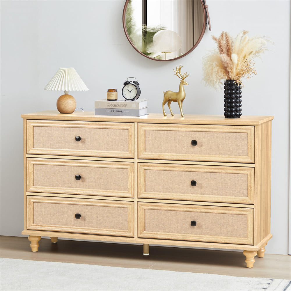Natural Mid Century Modern 6 Drawer Dresser Wide Wood Vintage Chest of Drawers with Burlap Rattan Drawers