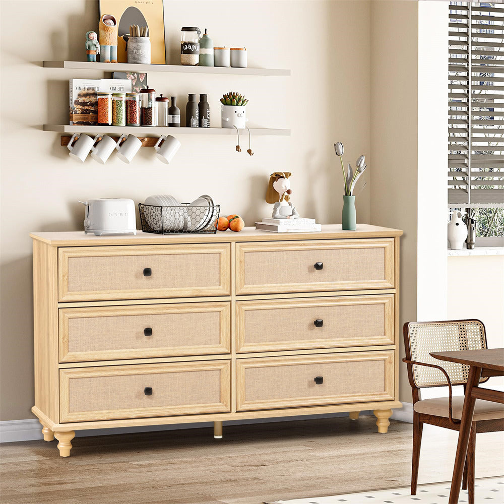 Natural Mid Century Modern 6 Drawer Dresser Wide Wood Vintage Chest of Drawers with Burlap Rattan Drawers