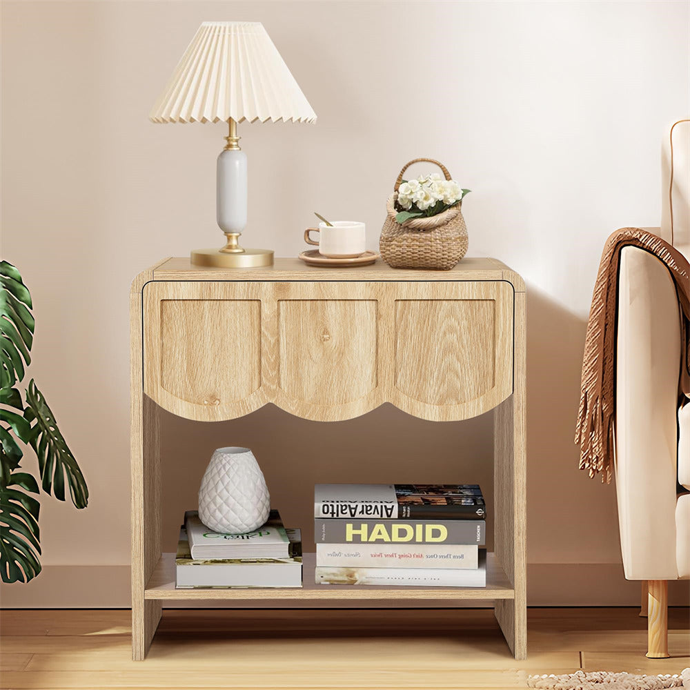 Natural Mid Century Modern Farmhouse Wood Nightstand with Wave Panel Drawer