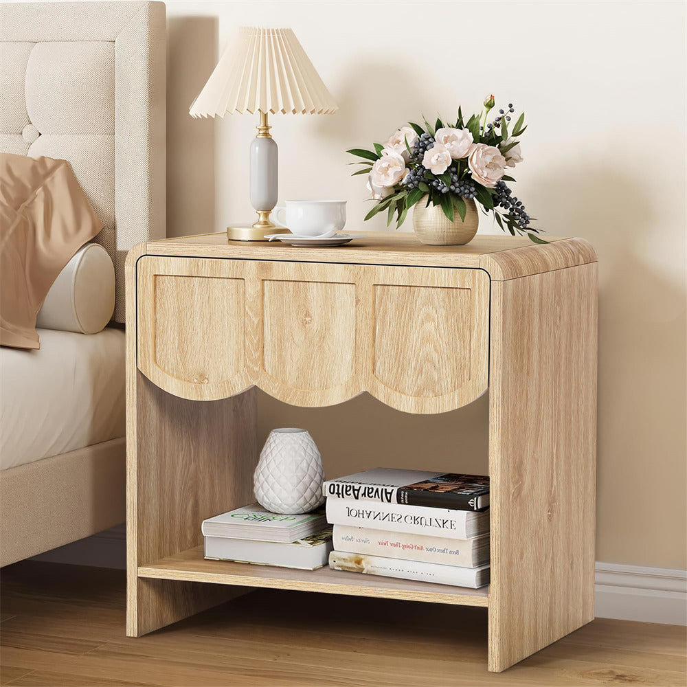 Natural Mid Century Modern Farmhouse Wood Nightstand with Wave Panel Drawer