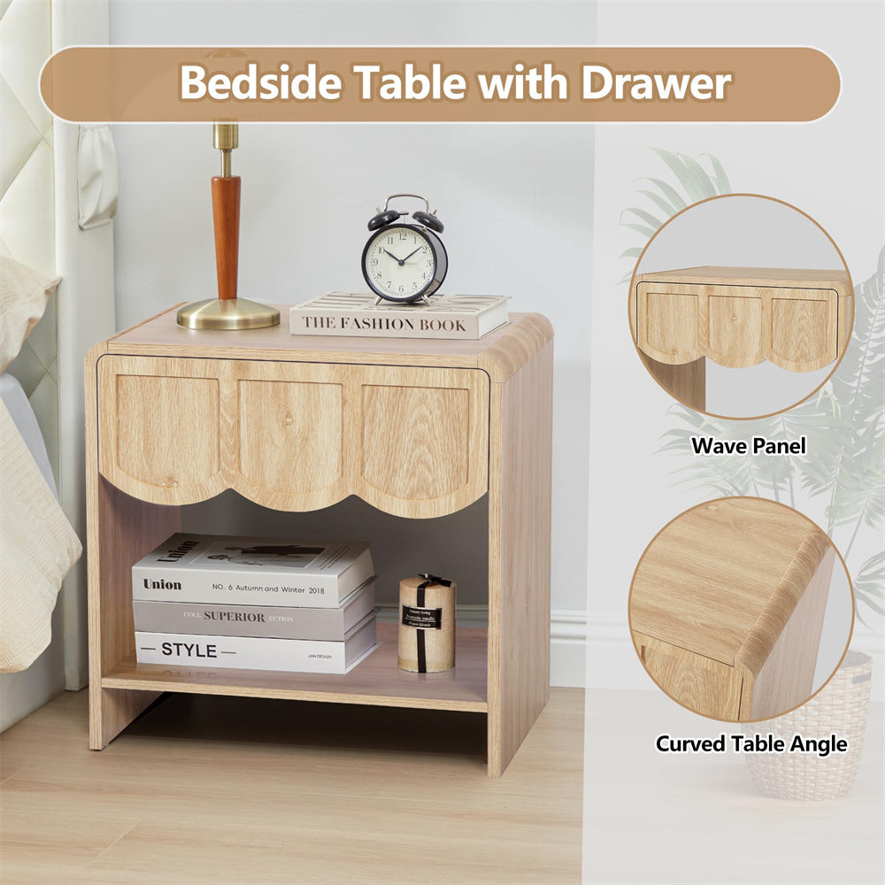 Natural Mid Century Modern Farmhouse Wood Nightstand with Wave Panel Drawer