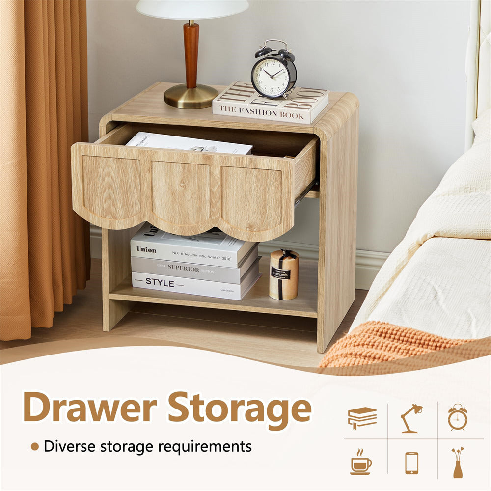 Natural Mid Century Modern Farmhouse Wood Nightstand with Wave Panel Drawer