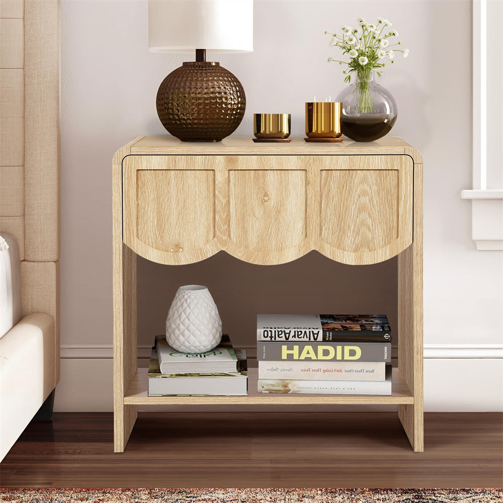 Natural Mid Century Modern Farmhouse Wood Nightstand with Wave Panel Drawer