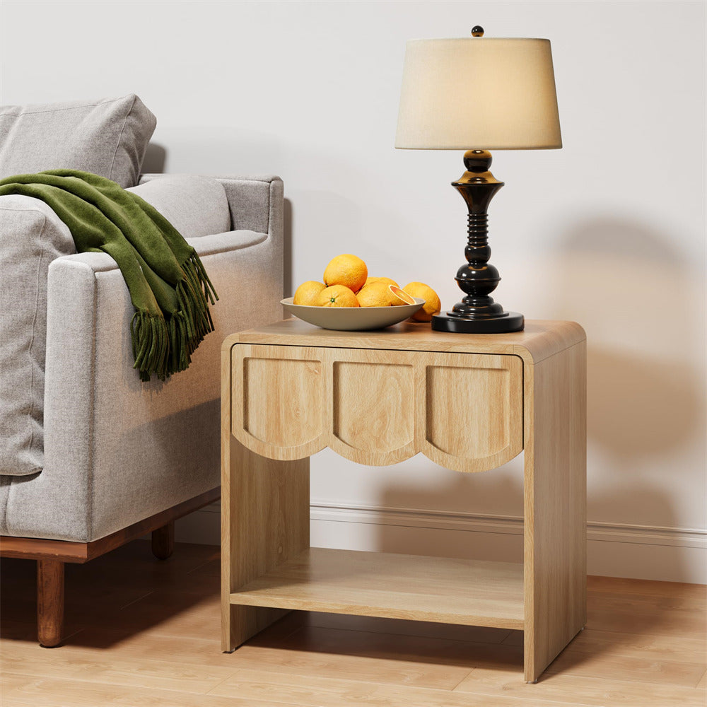 Natural Mid Century Modern Farmhouse Wood Nightstand with Wave Panel Drawer